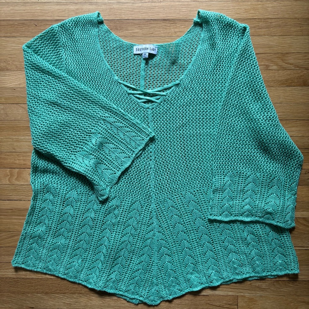 Southern Lady Mint Green Open-Knit V-Neck Lace-Up Sweater